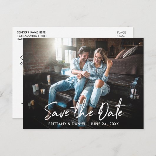 Trendy handgeschreven script Bewaar de datumfoto Briefkaart (Voorkant / Achterkant)