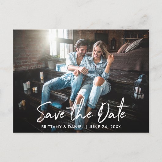 Trendy handgeschreven script Bewaar de datumfoto Briefkaart (Voorkant)