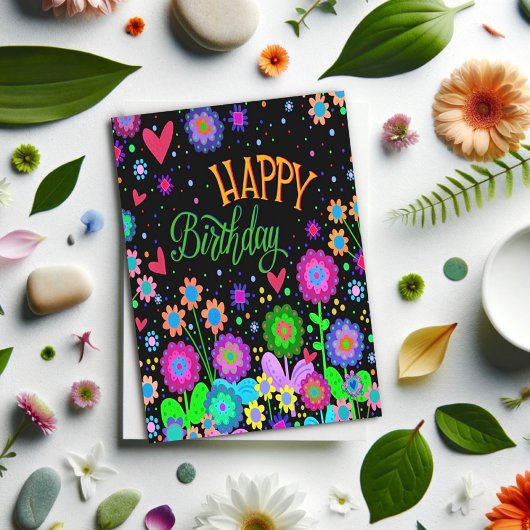 Trendy Happy Birthday Leuk Bloemen Kleurrijke Bloe Kaart