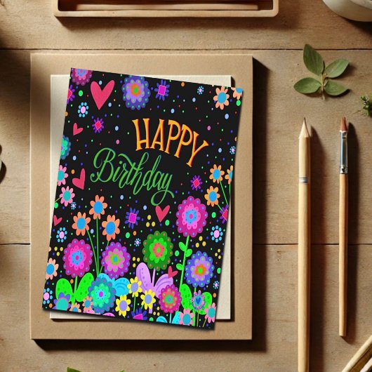 Trendy Happy Birthday Leuk Bloemen Kleurrijke Bloe Kaart