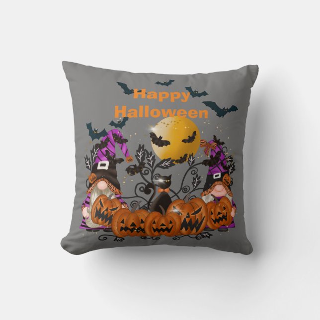 Trendy Happy Halloween Grey Gnome Cotton 16-inch X Kussen (Voorkant)