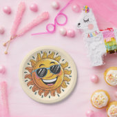 Trendy Happy Yellow Sun with Sunglasses   Papieren Bordje (Feest)