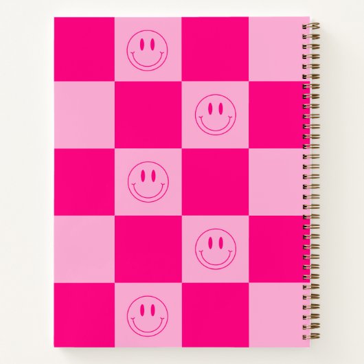 Trendy Heet Roze Geruit & Gelukkige Glimlach Notitieboek (Achterkant)
