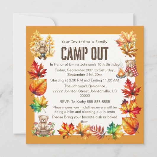 Trendy Herfst Camp Out Verjaardagsfeestuitnodiging Kaart (Voorkant)