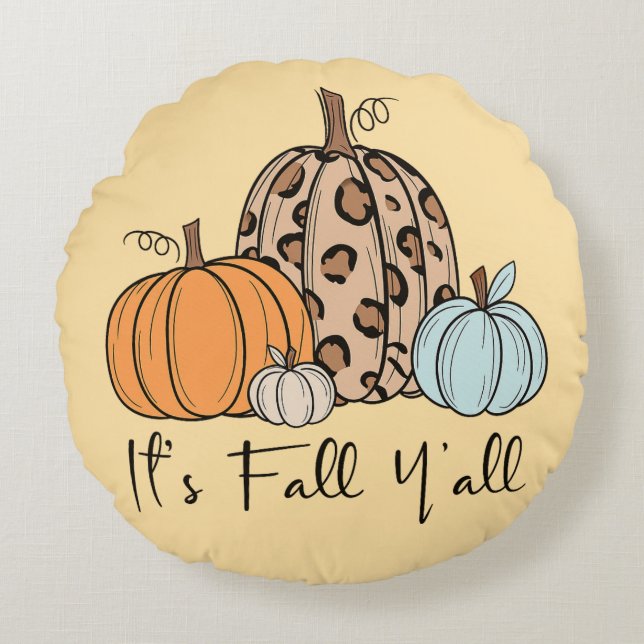 Trendy Herfst Pompoen | “It’s Fall Y’all” Quote Rond Kussen (Voorkant)
