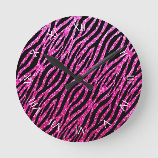 Trendy Hete Roze Gestreepte Druk Glitz schittert Ronde Klok (Voorkant)