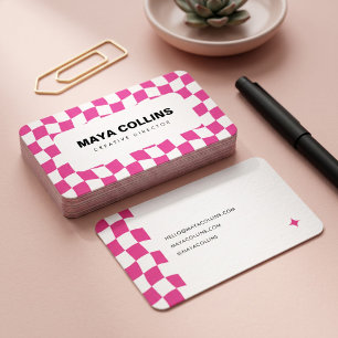 Trendy hete roze witte golvende geruite visitekaartje