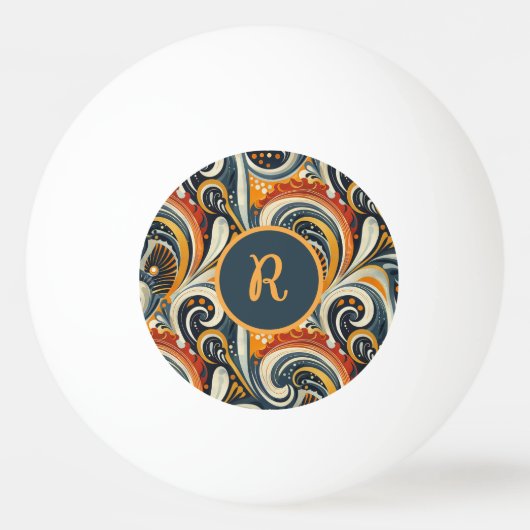 Trendy Hip Retro Orange Deep Teal Swirls Monogram  Pingpongbal (Voorkant)