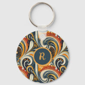 Trendy Hip Retro Orange Deep Teal Swirls Monogram Sleutelhanger (Voorkant)