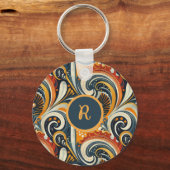Trendy Hip Retro Orange Deep Teal Swirls Monogram  Sleutelhanger (Achterkant)