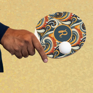 Trendy Hip Retro Orange Deep Teal Swirls Monogram  Tafeltennisbatje