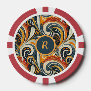 Trendy Hip Retro Oranje Diep Teal Wervelingen Mono Poker Chips