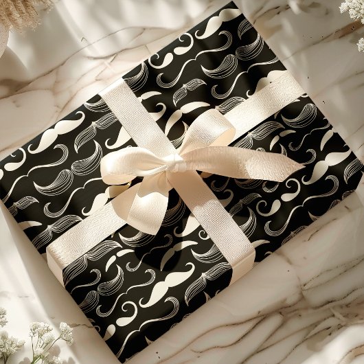 Trendy Hipster Black en White Mustache Pattern Cadeaupapier
