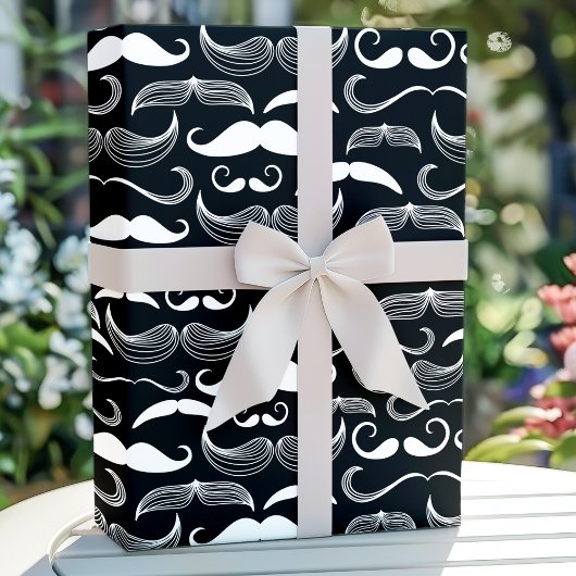 Trendy Hipster Black en White Mustache Pattern Cadeaupapier