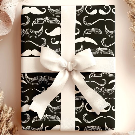 Trendy Hipster Black en White Mustache Pattern Cadeaupapier