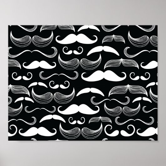 Trendy Hipster Black en White Mustache Pattern Poster (Voorkant)