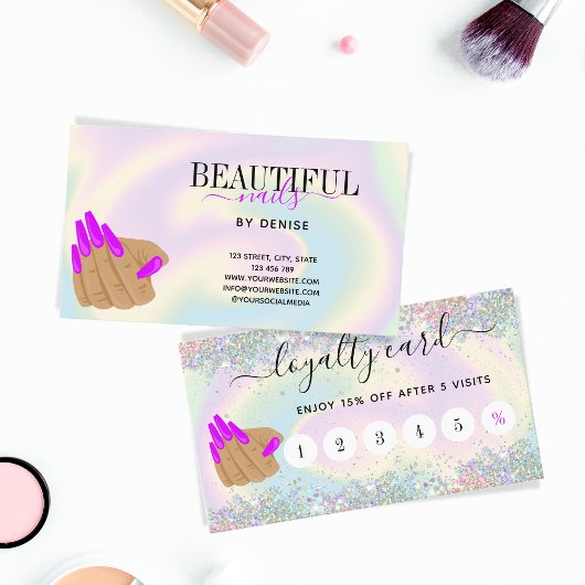 Trendy holografen nagelsalon lange nagels hand visitekaartje