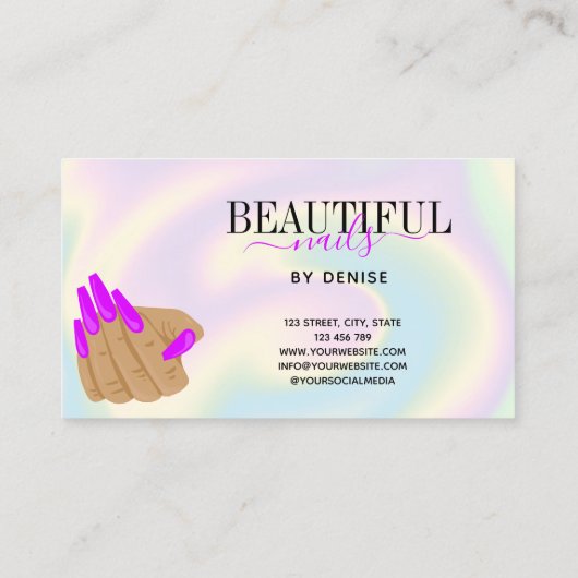Trendy holografen nagelsalon lange nagels hand visitekaartje (Achterkant)