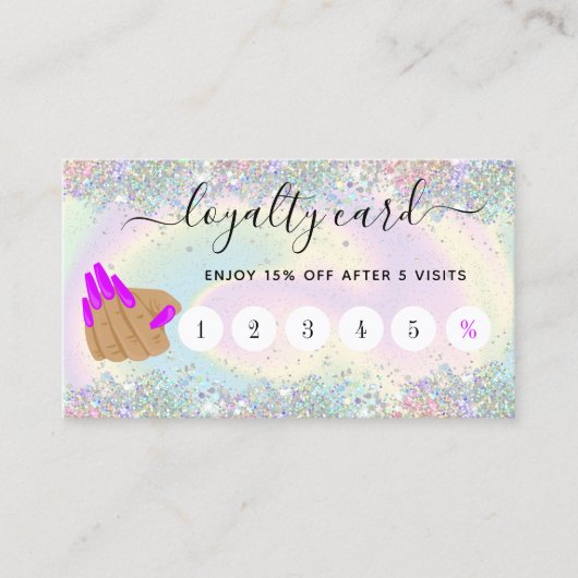 Trendy holografen nagelsalon lange nagels hand visitekaartje (Voorkant)