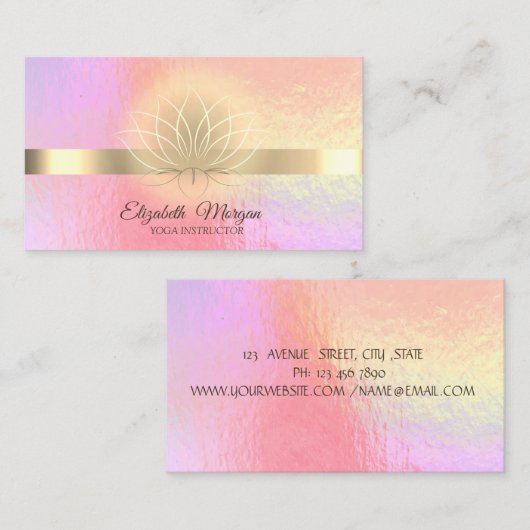 Trendy Holographic, Gold, Lotus Yoga Instructor Visitekaartje (Voorkant / Achterkant)