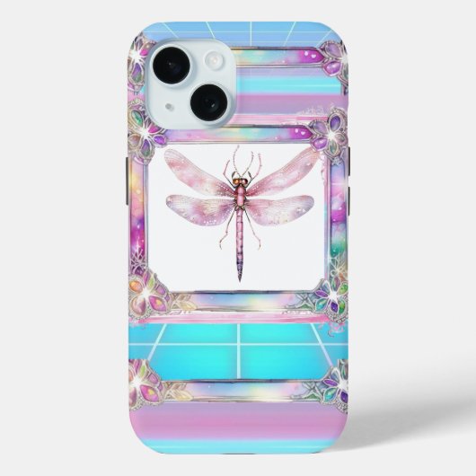 Trendy Holographic Roze Dragonfly iPhone 15 Hoesje (Achterkant)