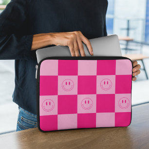 Trendy Hot Pink Checkered & Happy Smile Face Laptop Sleeve