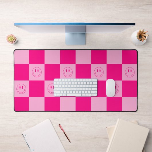 Trendy Hot Pink Checkered & Retro Happy Smile Bureaumat (Kantoor 1)