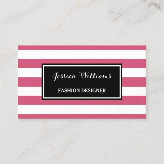 Trendy Hot Pink en Black Stripes Mode Designer Visitekaartje (Voorkant)