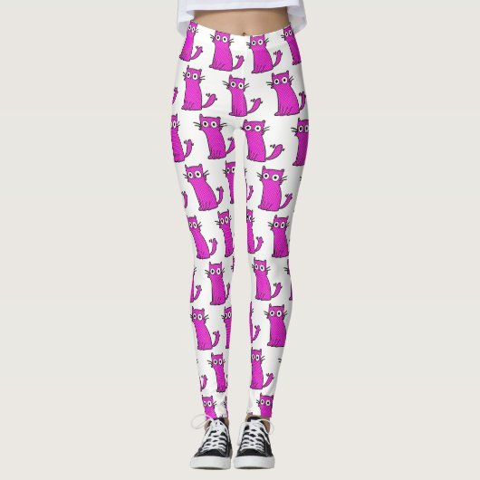 Trendy Hot Pink en White Funny Cat Leggings (Voorkant)
