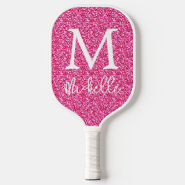Trendy Hot Pink Glitter Monogram Initiaal Naam Pickleball Paddle