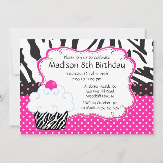 Trendy Hot Pink & Zebra Cupcake Birthday Party Kaart (Voorkant)