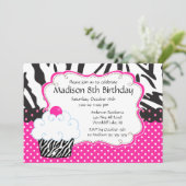 Trendy Hot Pink & Zebra Cupcake Birthday Party Kaart (Staand voorkant)