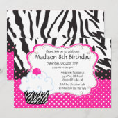 Trendy Hot Pink & Zebra Cupcake Birthday Party Kaart (Voorkant / Achterkant)
