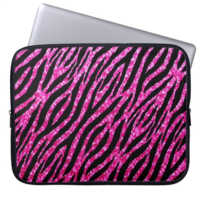 Trendy Hot Pink Zebra Print Glitz Glitter Sparkles Laptop Sleeve (Voorkant)