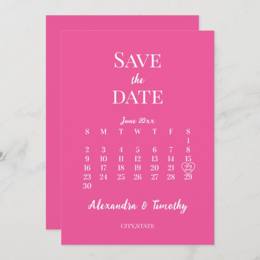 Trendy Hot Roze Minimalistische Kalender Bruiloft Save The Date (Voorkant / Achterkant)