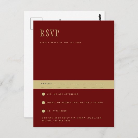 Trendy Huidige Bordeaux Goud Trouw RSVP Briefkaart (Voorkant / Achterkant)