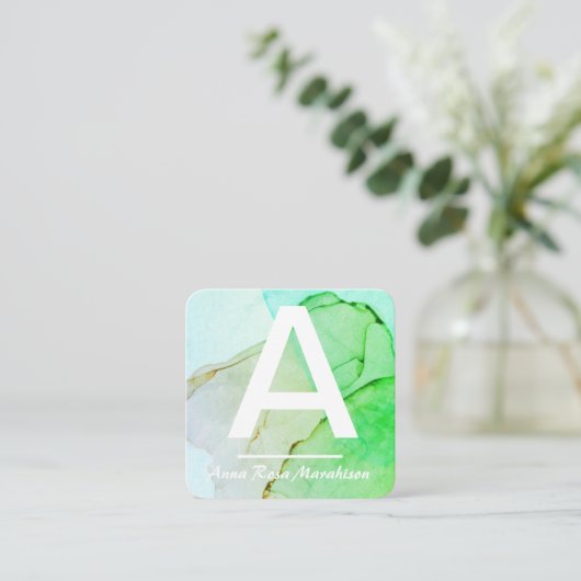 ~* Trendy INITIAAL Abstracte QR LOGO FOTO Aqua Vierkante Visitekaartje (Staand voorkant)