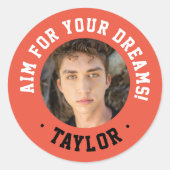 Trendy Inspirerend rood en wit sport foto Ronde Sticker (Voorkant)