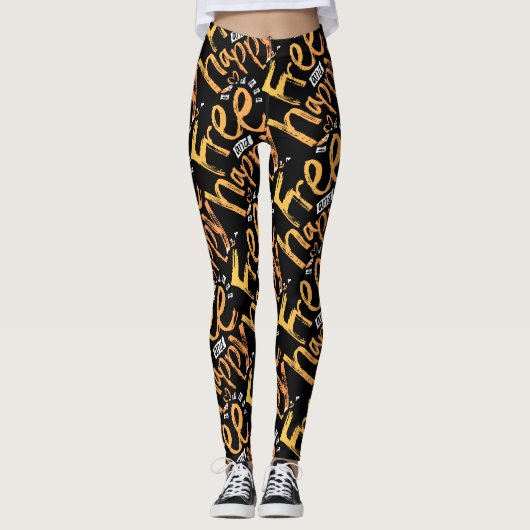Trendy Inspirerende Zwarte Gele Geborstelde Script Leggings (Voorkant)