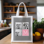 Trendy Instagram Photo Collage Custom Monogram Boodschappentas<br><div class="desc">Moderne Pastel Roze en Grijs - Gebruik 3 vierkante foto's om een uniek en persoonlijk cadeau te creëer. Of je kunt de hipster puppy houden en een trendy keepslag maken. Als u de afbeeldingen moet aanpassen,  klik op het aanpassingshulpmiddel om veranderingen aan te brengen.</div>