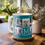 Trendy Instagram Photo Collage Custom Monogram Koffiemok<br><div class="desc">Blauwgroen blauw en wit - Gebruik 11 vierkante foto's om een uniek en persoonlijk cadeau te creëer. Of je kunt de hipster puppy houden en een trendy keepslag maken. Als u de afbeeldingen moet aanpassen,  klik op het aanpassingshulpmiddel om veranderingen aan te brengen.</div>