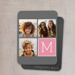 Trendy Instagram Photo Collage Custom Monogram Magneet<br><div class="desc">Moderne Pastel Roze en Grijs - Gebruik 3 vierkante foto's om een uniek en persoonlijk cadeau te creëer. Of je kunt de hipster puppy houden en een trendy keepslag maken. Als u de afbeeldingen moet aanpassen,  klik op het aanpassingshulpmiddel om veranderingen aan te brengen.</div>