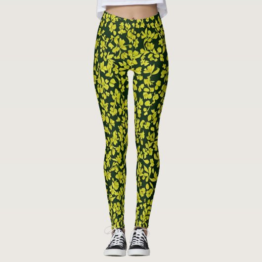 Trendy Italiaanse olijfblaadjes patroon, groene bl Leggings (Voorkant)