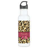 Trendy Jaguar print met roze lint en naam Waterfles (Voorkant)