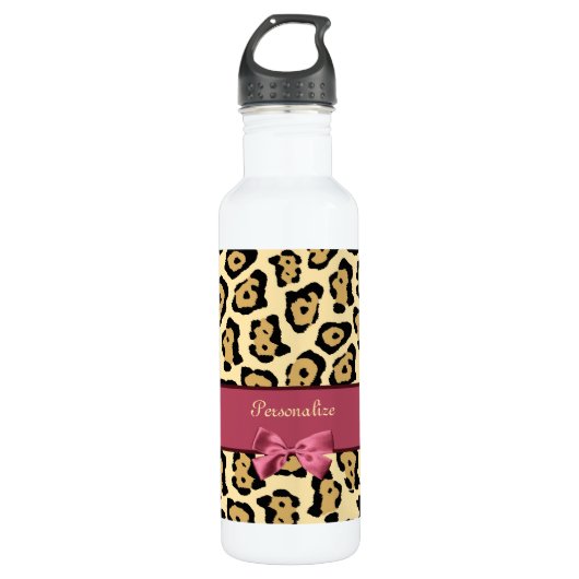 Trendy Jaguar print met roze lint en naam Waterfles (Voorkant)
