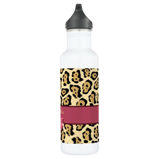 Trendy Jaguar print met roze lint en naam Waterfles (Rechts)