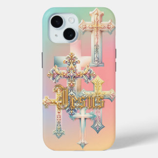 Trendy Jezus Pastel Regenboog Sierlijke Kruizen iPhone 15 Case