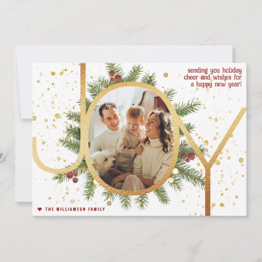 Trendy Joy Pine Boughs Krans Kerstfoto Feestdagenkaart (Voorkant)