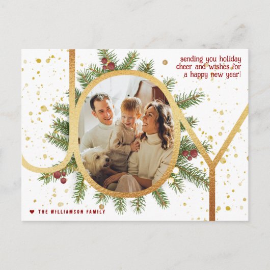 Trendy Joy Pine Boughs Krans Kerstfoto Feestdagenkaart (Voorkant)