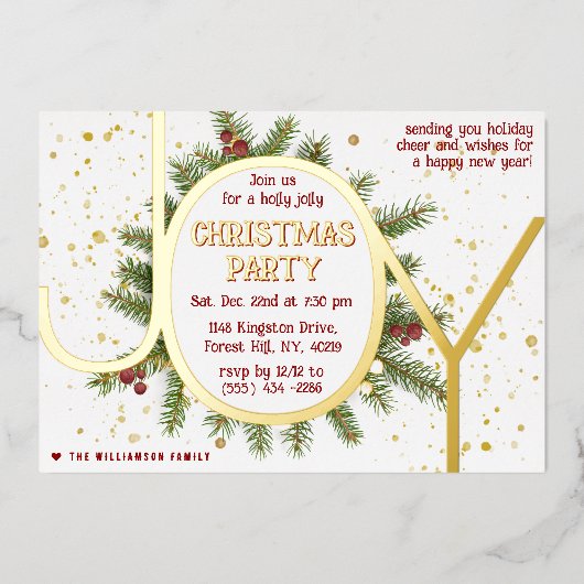 Trendy Joy Pine Boughs Wreath Christmas Party Folie Uitnodiging (Voorkant)